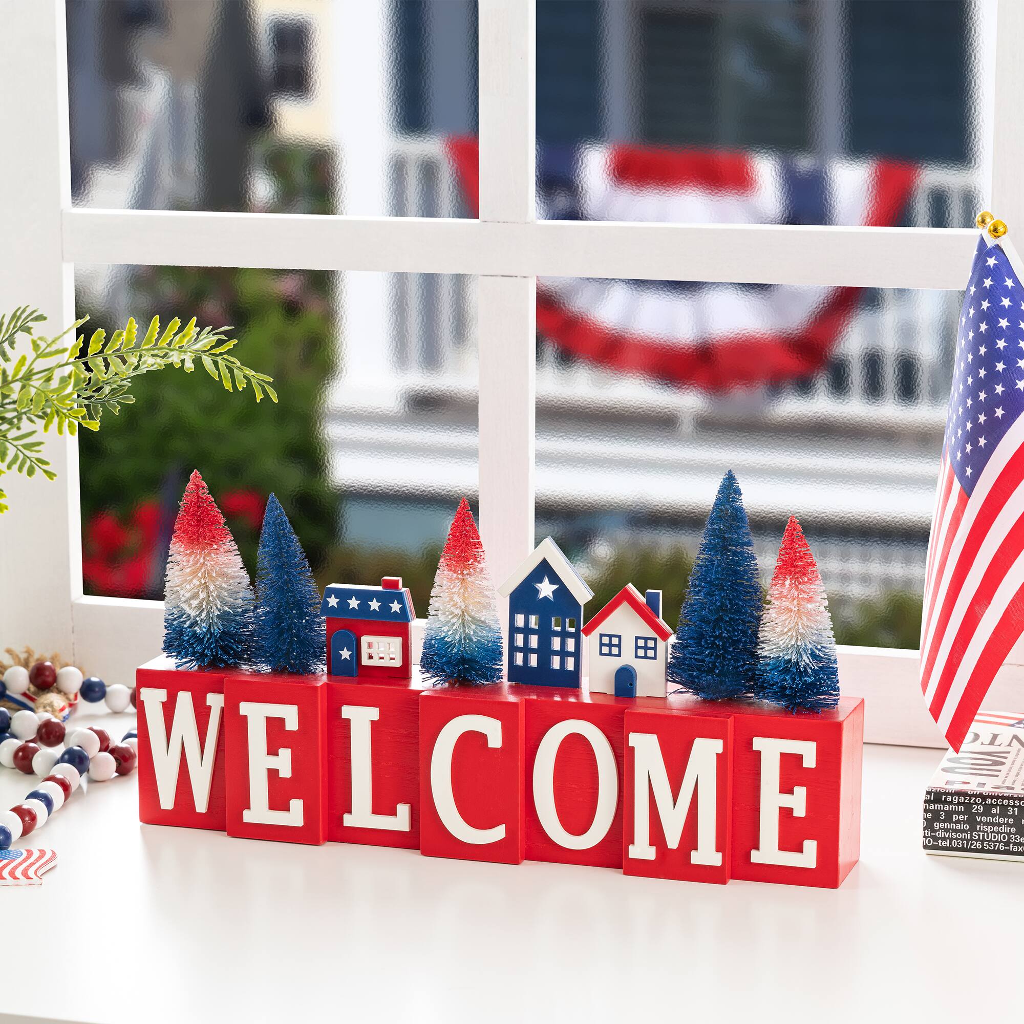 Glitzhome® 14" Patriotic Americana Wooden House & Brush Trees Table Decor
